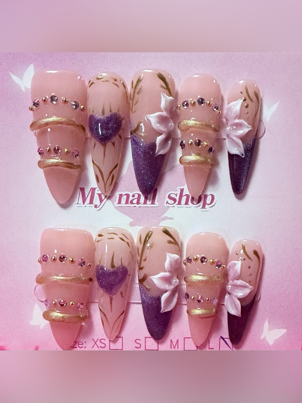 Nude & Purple Floral Rhinestone False Nail Set